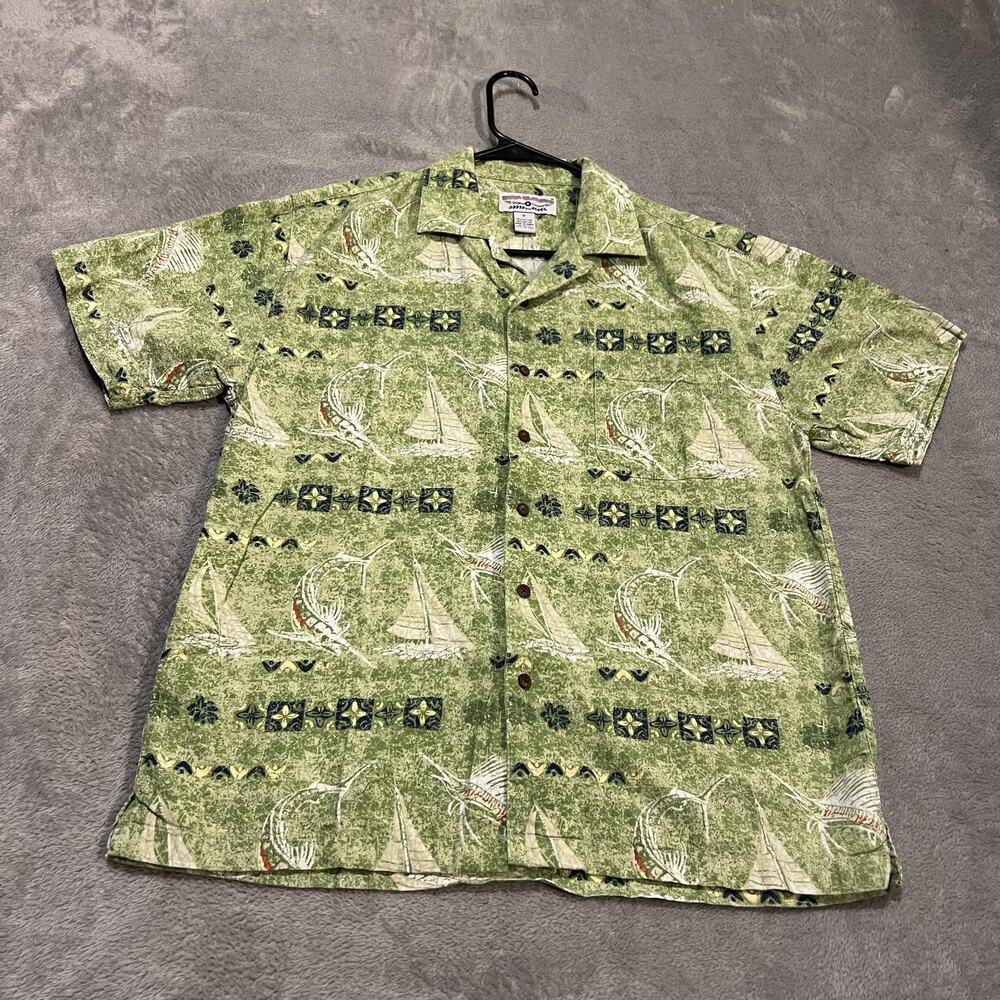 Boca Classics Shirt Mens Medium Green Hawaiian Aloha Camp Button Front Sailboat